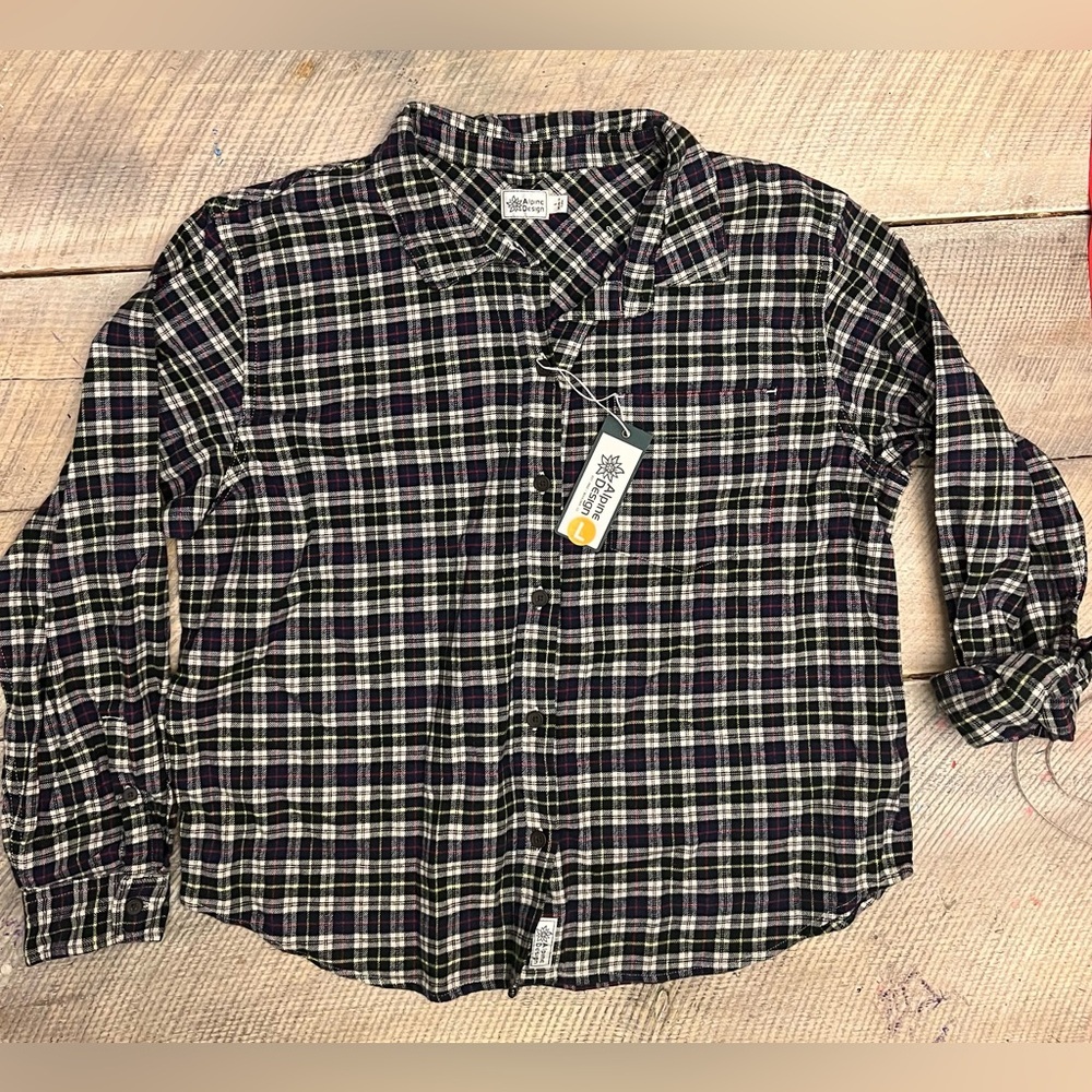 Alpine Design Women's Large Midweight Flannel Shirt Navy Cream Plaid NWT
